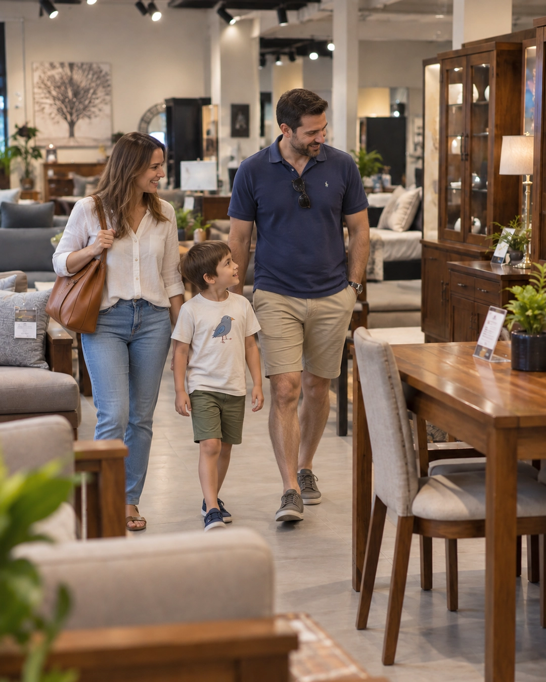 Family shopping in a furniture showroom